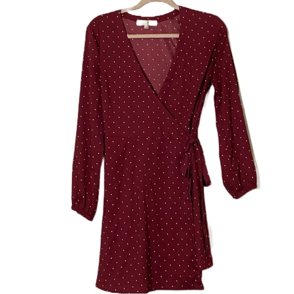 Loft Maroon White Star Print Long Sleeve Wrap Dress